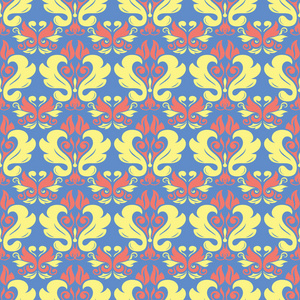 花卉无缝图案。 壁纸纺织品和织物蓝色背景上的红黄花元素