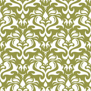 橄榄绿背景上的白色花饰。 纺织品和壁纸的无缝图案