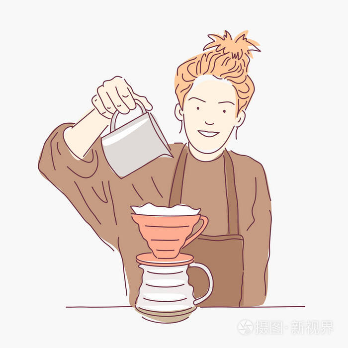 可爱的咖啡师在工作. 年轻女孩做咖啡. 矢量图.