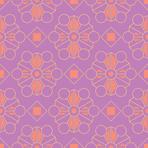 几何紫罗兰无缝图案。 明亮的彩色背景，粉红色和黄色元素的壁纸，纺织和织物