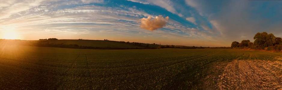 英国村庄的日落。 田野，树的天空。