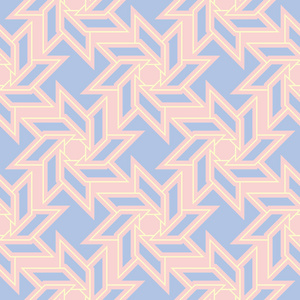 几何无缝图案。 浅粉色背景，蓝色和米色元素的壁纸，纺织品和织物