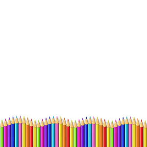 彩色铅笔向下的线条形状的波浪多色边框与空的复制空间的文本隔离在白色背景。 创意回到学校教师日模板背景。