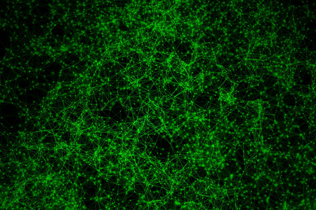 绿色数字数据和网络连接三角线的技术概念在黑色背景三维抽象插图