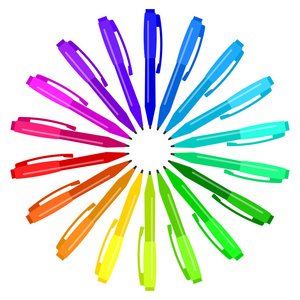 一套五颜六色的钢笔放在一个圆圈里。 矢量插图