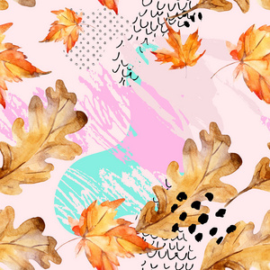 秋天橡木枫叶的抽象无缝图案，流体形状最小的格朗格元素涂鸦。 包豪斯孟菲斯风格的水彩插图。 秋季背景织物纺织艺术设计