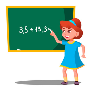 女学生在黑板向量上解决了一个数学问题。孤立的插图