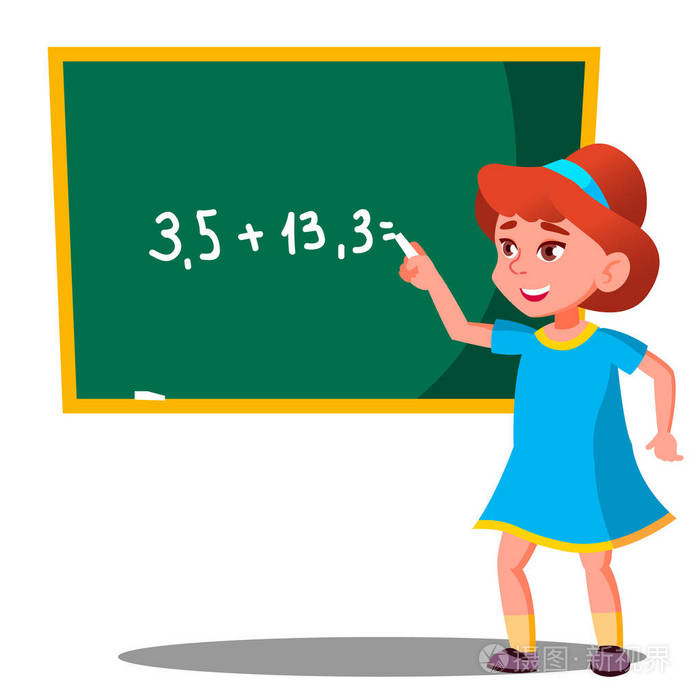 插画 女学生在黑板向量上解决了一个数学问题.孤立的插图.eps
