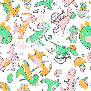 涂鸦可爱的恐龙无缝图案。 跳舞牙齿清洁和骑自行车。
