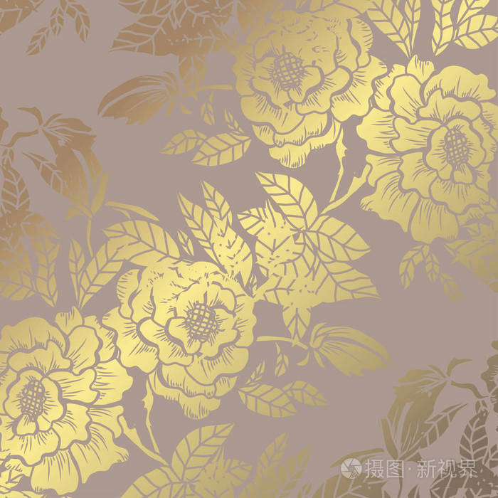 优雅的金色图案与手绘装饰牡丹设计元素.