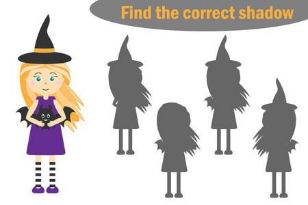 为儿童寻找正确的影子万圣节游戏卡通女巫教育游戏为儿童学前工作表活动任务，以发展逻辑思维矢量插图。