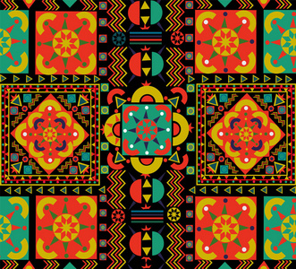 无缝图案瓷砖与彩色拼凑。 复古波霍民间多色图案的花卉装饰。 无穷无尽的背景可以用于瓷砖壁纸油毡纺织网页背景。 eps10载体。