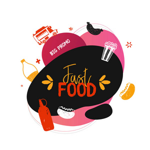 现代梯度快餐涂鸦标题横幅与垃圾食品的菜单设计。不健康的产品推广理念