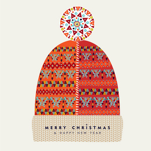 圣诞快乐和新年快乐插图的老式红色冬季帽子与传统的几何形状彩色假日斯堪的纳维亚设计。 eps10载体。