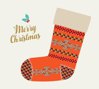 圣诞快乐插图老式红色冬季袜子与传统几何形状彩色假日斯堪的纳维亚设计。 eps10载体。