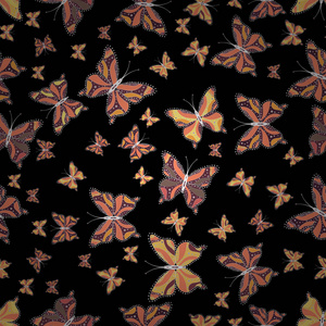 织物纺织品印刷和邀请的背景。 矢量图。 黑色橙色和棕色背景上与蝴蝶的无缝图案。