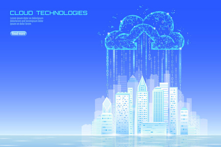 智能城市3d 光云计算景观。智能大厦大数据交换存储在线未来的商业概念将来的技术。城市横幅矢量插图