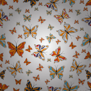 矢量图。 矢量复古手绘制美丽的彩色蝴蝶在白色橙色和灰色背景。 时尚可爱的面料设计。