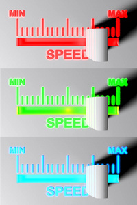 一个水平选择器的速度在第三位置红色，绿色和蓝色版本可用3D渲染插图