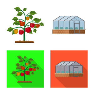 温室和植物标志的矢量设计。一套温室和花园矢量图标的股票