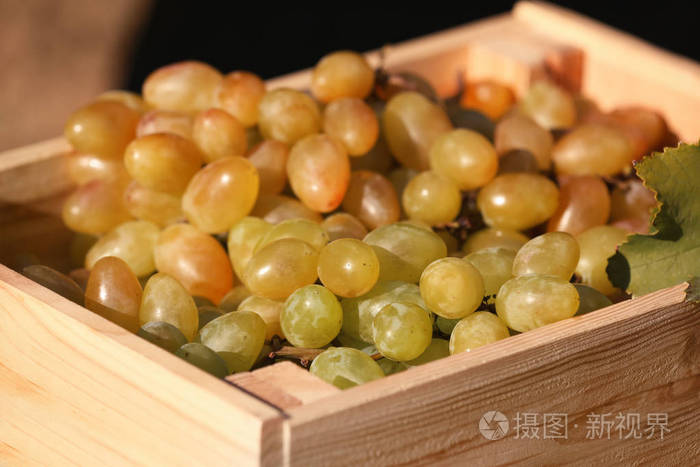 新鲜成熟多汁的葡萄在木箱特写