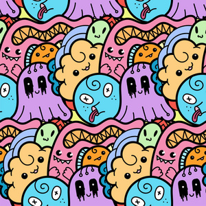有趣的涂鸦怪物打印, 设计和着色书籍无缝模式照片