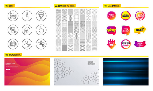 无缝图案。 商场横幅。 一组电子邮件添加用户和快速通道图标。 啤酒瓶手点击和技术文件标志。 营销酒杯和证书。 矢量模式