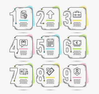 带有数字9选项的信息模板。 一套可接受的支付欧元货币和证书图标。 音乐书籍上传和投资组合标志。 日历愿望清单和安全机构符号