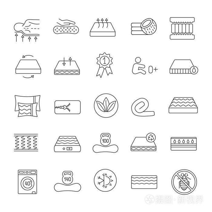 床垫线性图标设置. 乳胶内弹簧和记忆泡沫床垫.