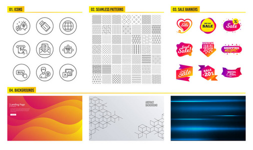 无缝图案。 商场横幅。 设置USB闪存购买按钮和ATM服务图标。 全球快速提示和想法标志。 信用卡人的想法和复选框符号。 向量