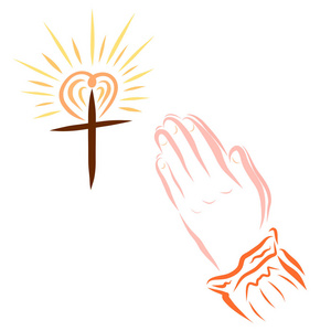 用一颗闪亮的心和祈祷的双手交叉照片