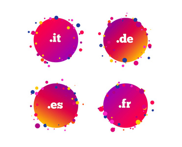 顶级互联网领域图标。 它是ES和fr符号。 独特的国家DNS名称。 带有图标的渐变圆按钮。 随机点设计。 向量