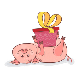 有趣的圣诞符号小猪2019。小猪躺在背上带着礼物