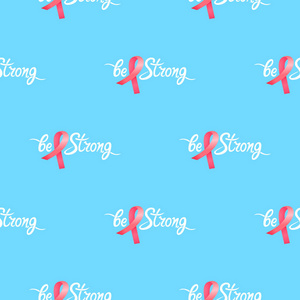 强烈的手绘动机铭文与缎子粉红色丝带无缝图案。 国家乳腺癌宣传月标志。