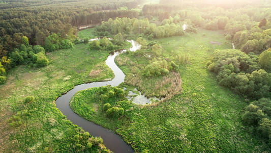 春天美丽的天然河流的鸟瞰图照片