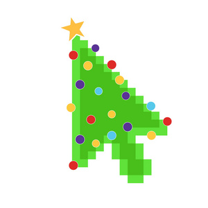 电脑鼠标光标箭头指针，如绿色圣诞树与球和星星。 圣诞快乐，新年快乐 平面风格设计矢量插图隔离在白色背景上。