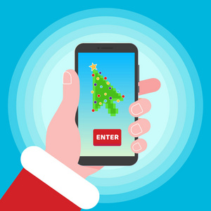 圣诞老人拿着手机，屏幕上有圣诞树光标指针箭头。 平面风格设计邀请圣诞节或2019年新年聚会明信片矢量插图孤立在背景上。