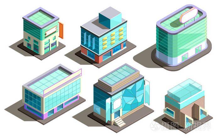 矢量等距现代建筑, 卡通摩天大楼