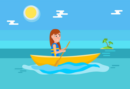 独木舟女孩坐小船和持有桨向量照片