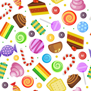 甜点模式。饼干蛋糕巧克力和焦糖糖果包装和彩色纺织品设计在浅色背景