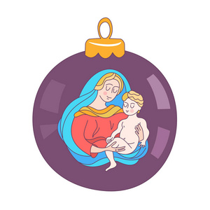 圣诞快乐。 矢量贺卡。 圣母玛利亚和婴儿耶稣。 圣诞玩具球。