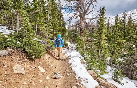 美国科罗拉多州落基山国家公园雪道背包徒步旅行的男性游客。