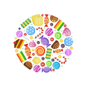 彩色糖果。巧克力焦糖蛋糕水果饼干和其他各种糖果在圆圈形状