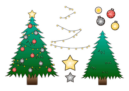 圣诞树与装饰球和星星。矢量插图。孤立在白色背景上。