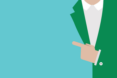 为邀请贺卡促销海报券男子在西装呈现和指向左手食指在一个空白板照片