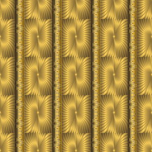 黄金3D纹理希腊钥匙蜿蜒无缝模式。矢量观赏几何金色底色..表面混合物。垂直条纹，边框，径向形状，螺旋，事实，角。装饰设计