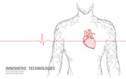 人体剪影健康心脏跳动3d 医学模型低聚。三角形连接点发光点在线医生。脉冲内体现代创新技术渲染矢量插画