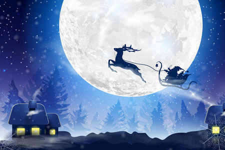 冬天的蓝天上飘落着雪花, 雪花带着一颗满月的冬日景色。圣诞老人乘着一只鹿在雪橇上飞翔。圣诞节和新年的节日冬季背景