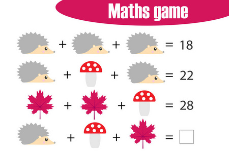 数学游戏与图片秋季主题儿童，中级，教育游戏儿童，学前工作表活动，任务发展逻辑思维，矢量插图