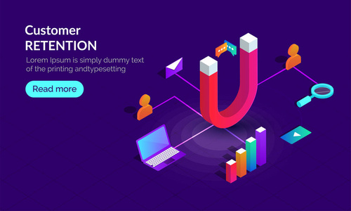 响应登陆页面设计的客户保留概念与等距插图磁铁连接的商业或营销设备的蓝色背景。